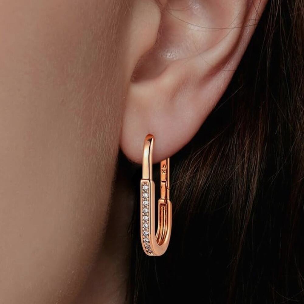 Gold Oblong hinged hoop earrings with Rhinestones